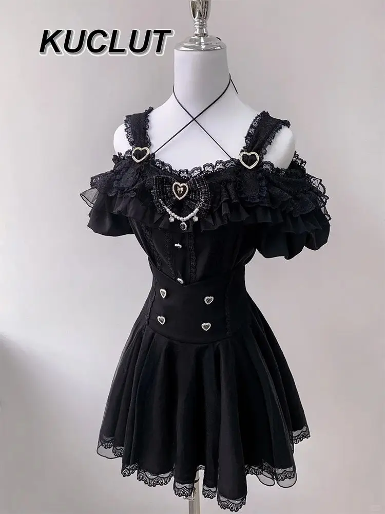 

Two Piece Sets Womens 2025 Summer Outifits for Lady Black Lace Bow Love Sweet Cute Short Sleeve Top + Short Skirt Set Femme