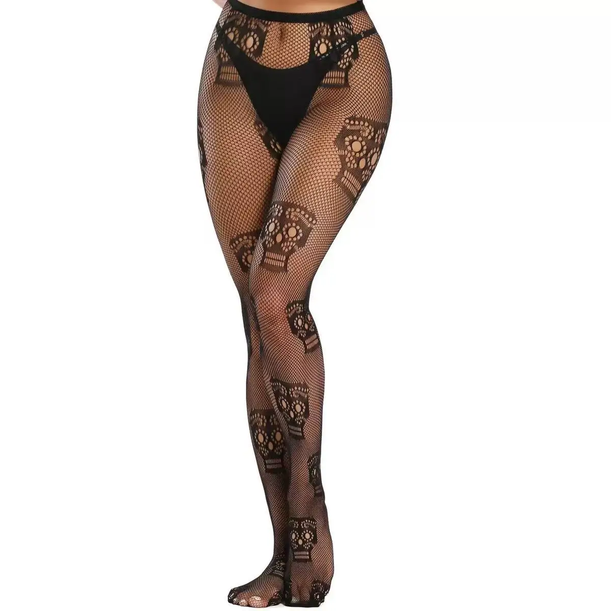 Women Skull Pattern Fishnet Pantyhose High Waist See Through Mesh Tights for Party Daily Outfit