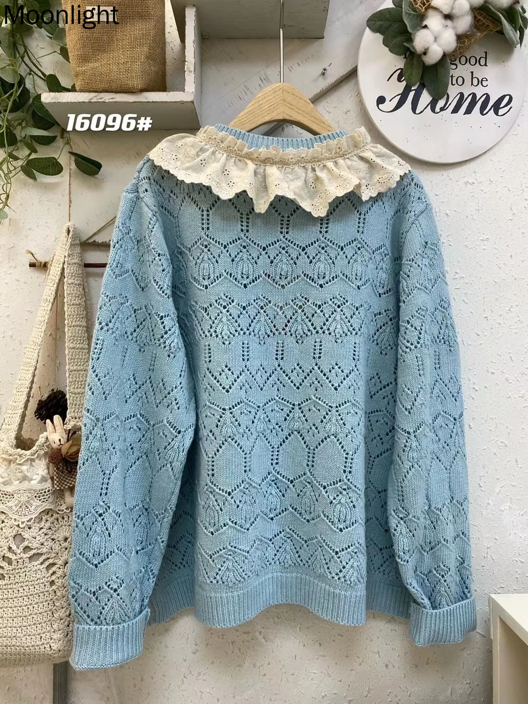 Sweet Round Collar Hollow-Out Sweater Coat Mori Style Lace Patchwork Knitted Sweaters Loose Wide Long Sleeve Cardigan Jacket