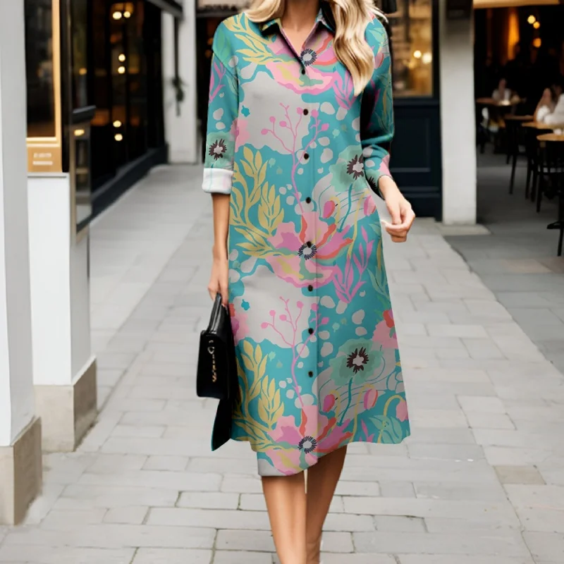 Herbstneuheiten Damenkleider Retro Locker sitzendes Rundhals-Langarm-Hemdkleid Lässiger Pendlerstil Lange Damenkleider