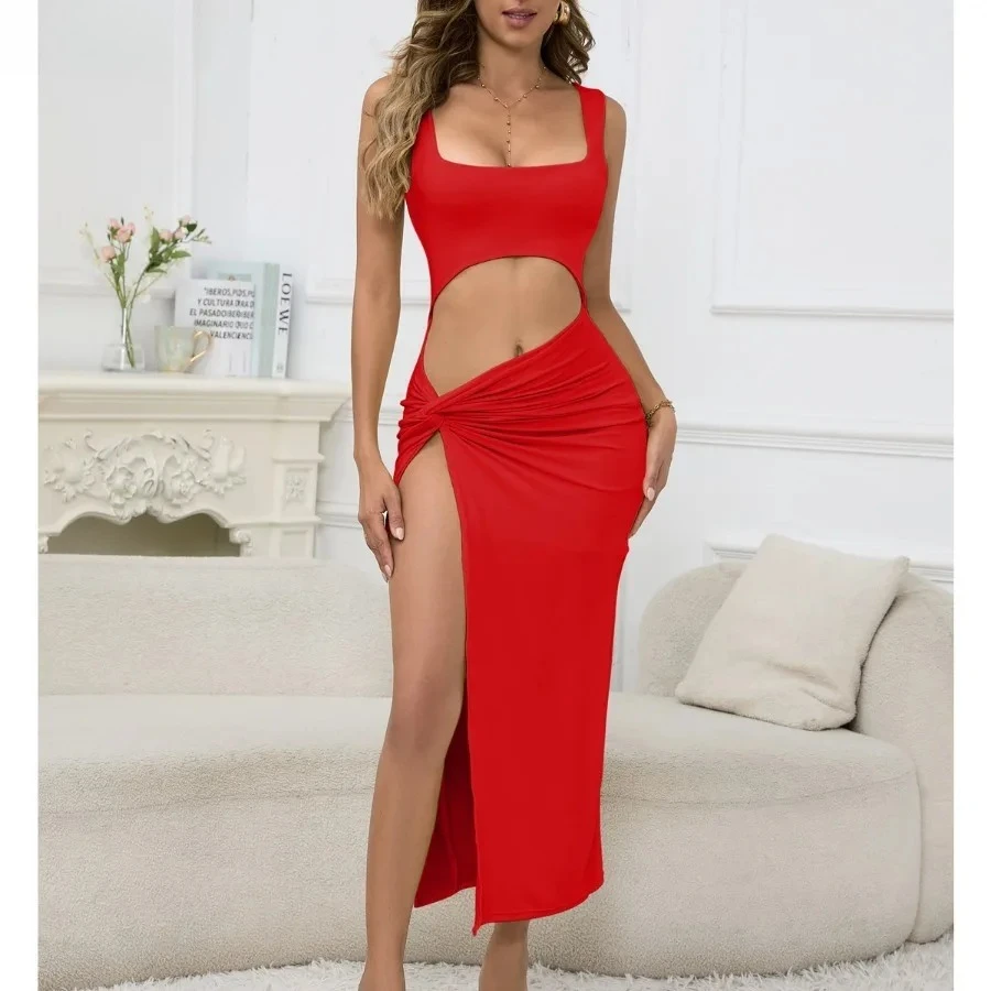2026 Zomer Vrouwen Sexy Mouwloze Hollow Out Maxi Jurken Side High Split Slanke Open Navel Jurk Beach Party Casual Hot Girl Wear