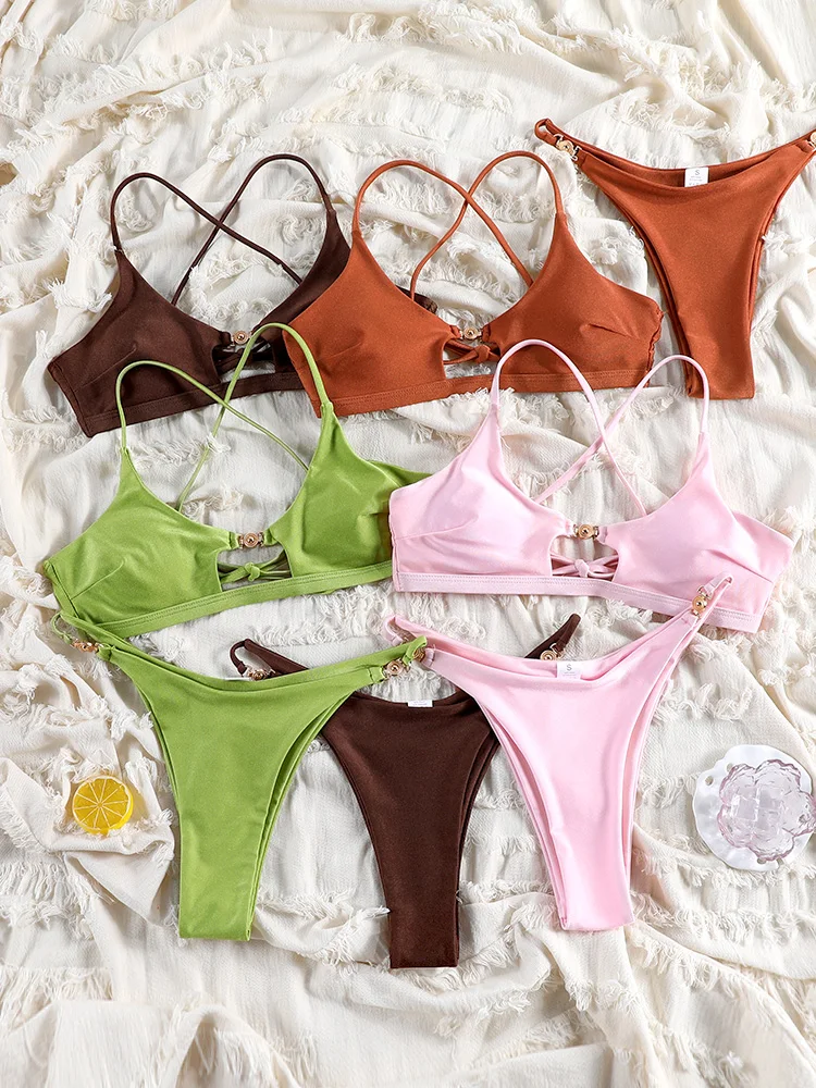 Conjunto de Bikini Sexy, Bikinis sólidos, traje de baño 2025 para mujer, trajes de baño de cintura baja, traje de baño recortado, ropa de playa de verano