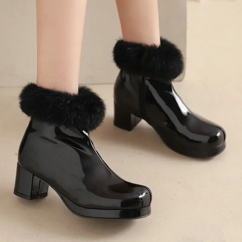 

Women's short boots autumn and winter patent leather thick heels high heels rabbit fur side zipper warm cotton shoes