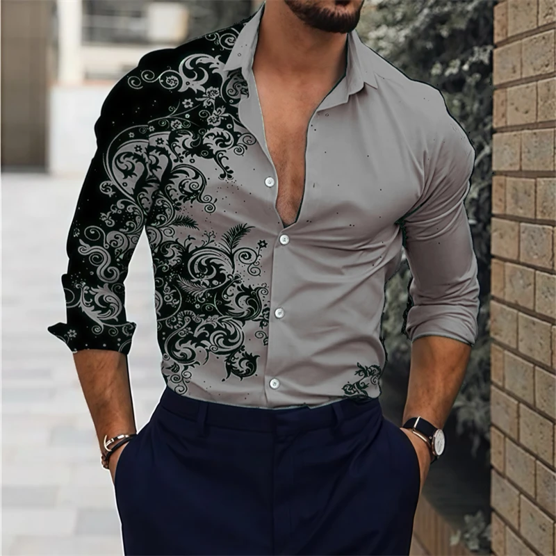 15 color new men\'s shirt lapel long -sleeved casual shirt 3D printing high -definition pattern comfortable fabric oversized size