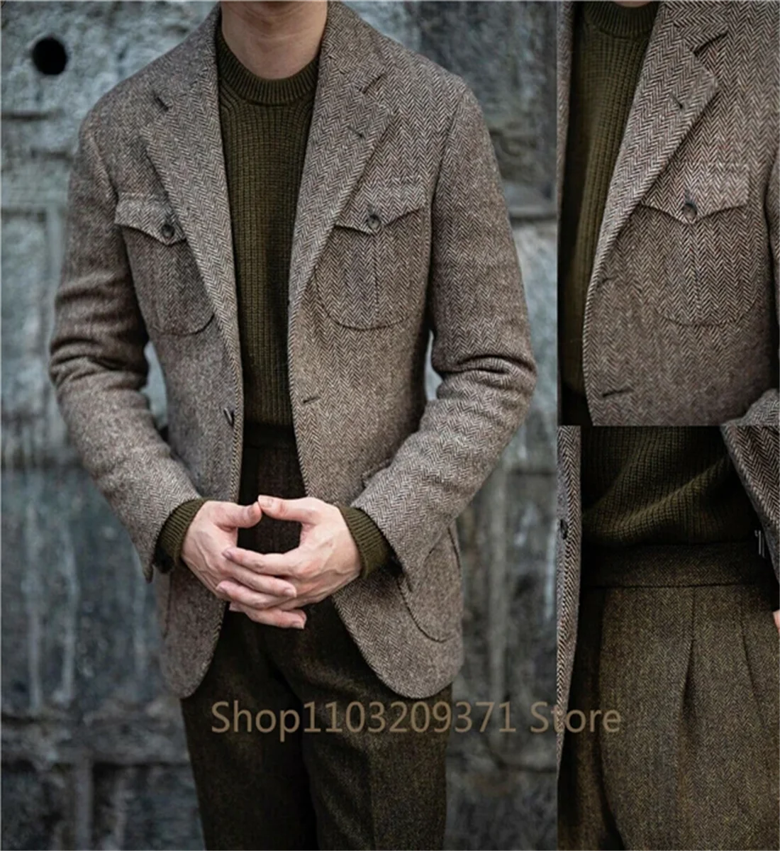 1 Pieces Men\'s Suit Jacket Herringbone Tweed Wool Jacket Winter Warm Short Jacket Retro Slim Fit Men Blazer Coat (Only Coat)