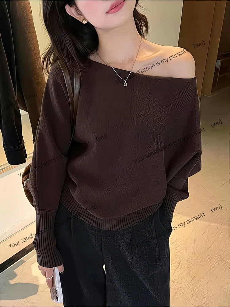 ZOCI-Women's Bat Wing Long Sleeve Knitted Sweater, Off-Shoulder Top, Korean Fashion Sweater, Loose Casual Autumn Clothing