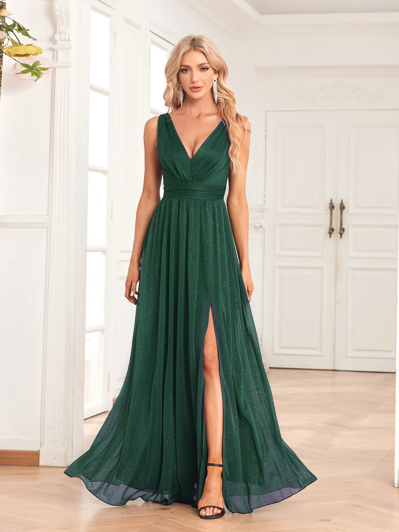 A-Line Evening Gown Elegant Dress Wedding Guest Party Wear Floor Length Sleeveless V Neck Spandex V Back with Glitter Slit 2024