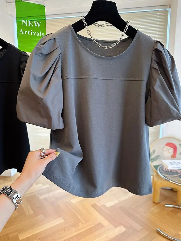 Summer New T-Shirts Causal O-neck Patchwork Puff Sleeve Shirts for Women Chic Korean Sweet Top 2024 Blouse Ropa De Mujer