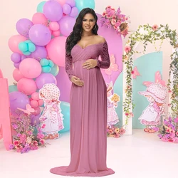 Maternity Dress Photoshoot Outfit Women Long Sleeve Lace V-Neck Maxi Gown For Pregnant Body Photography Baby Shower