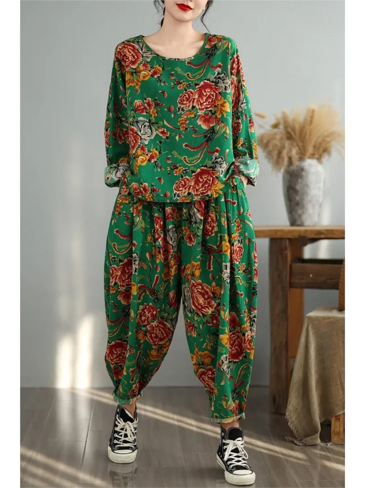 Conjunto de dos piezas con estampado Floral para mujer, blusa holgada de manga larga, pantalones bombachos plisados, otoño