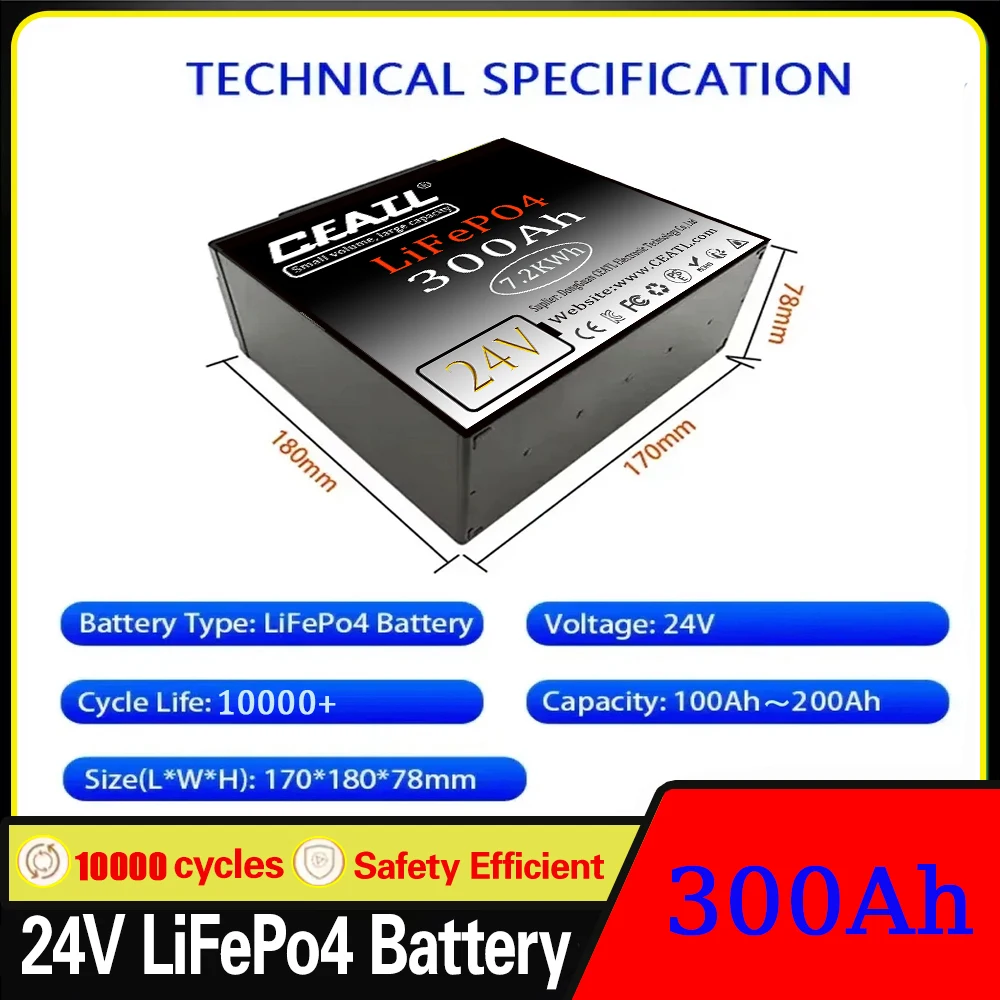 

24V LiFePO4 400Ah Battery Built-in BMS RV Rechargeable Lithium Iron Phosphate Solar Power System RV House Trolling Motor