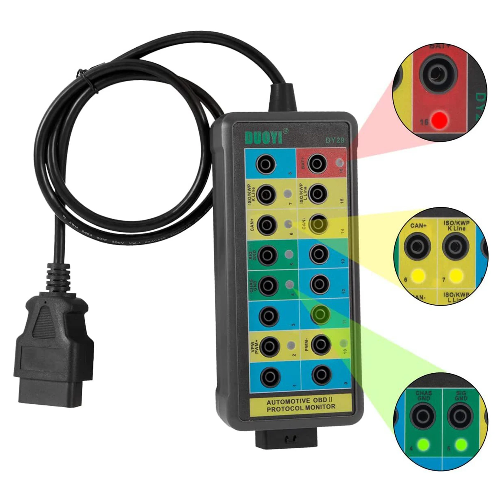 Electrical Diagnostic Tools Can Bus Analyzer Breakout Box Can Bus Breakout Box w/ LED Light Auto OBDII Protocol Detector 16-Pin