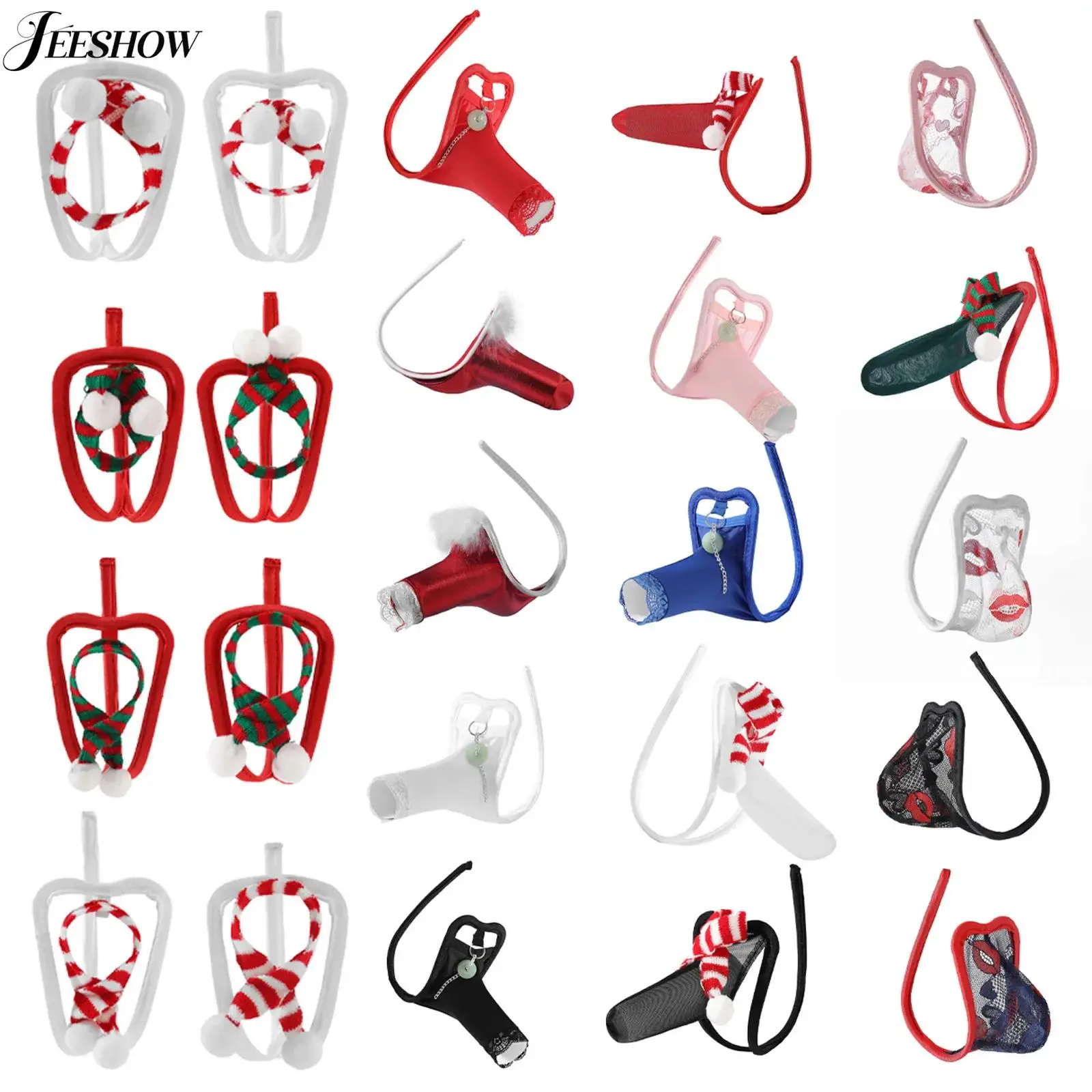 

Mens Sexy See Through C-Strings Funny Christmas Underwear Floral Lace or Mini Striped Scarf Pouch Strapless G-Strings Thongs