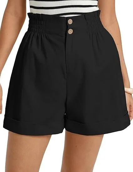 Women's Solid Color Elastic Waist Straight Leg Capri Shorts with Button Zipper Pockets for Travel Camping Streetwear Everyday