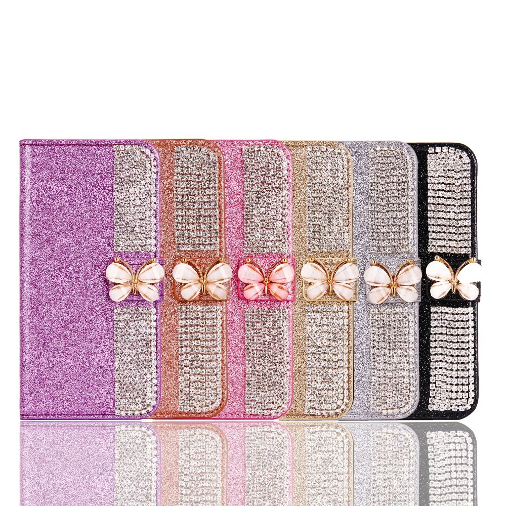 ダイヤモンドバタフライシャイニーウォレットフリップレザーケース Samsung S24 S23 Ultra S22 S21 S25 Ultra A15 A05S A14 A34 A54用