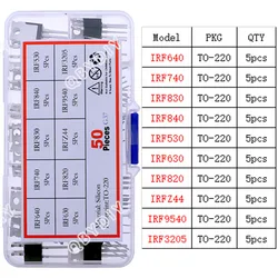 50pcs 10 Types Mosfet Transistors Assortment Kit IRF640 IRF740 IRF830 IRF840 IRF530 IRF630 IRF820 IRFZ44 IRF9540 IRF3205 Series