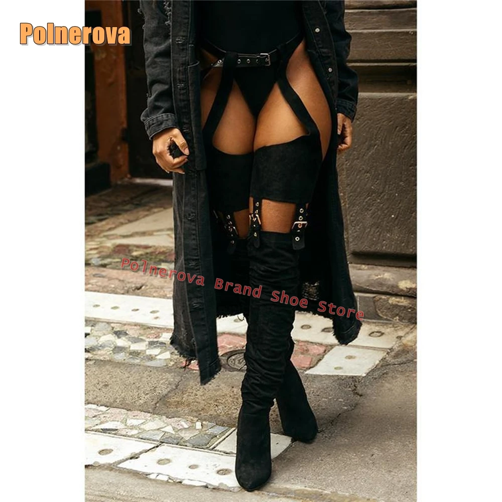 

Black Belt Buckle Sexy Trouser Boots Pointed Toe Block Heels Cut Out Side Zip Women Over The Knee Boots Street Style 2025 Winter