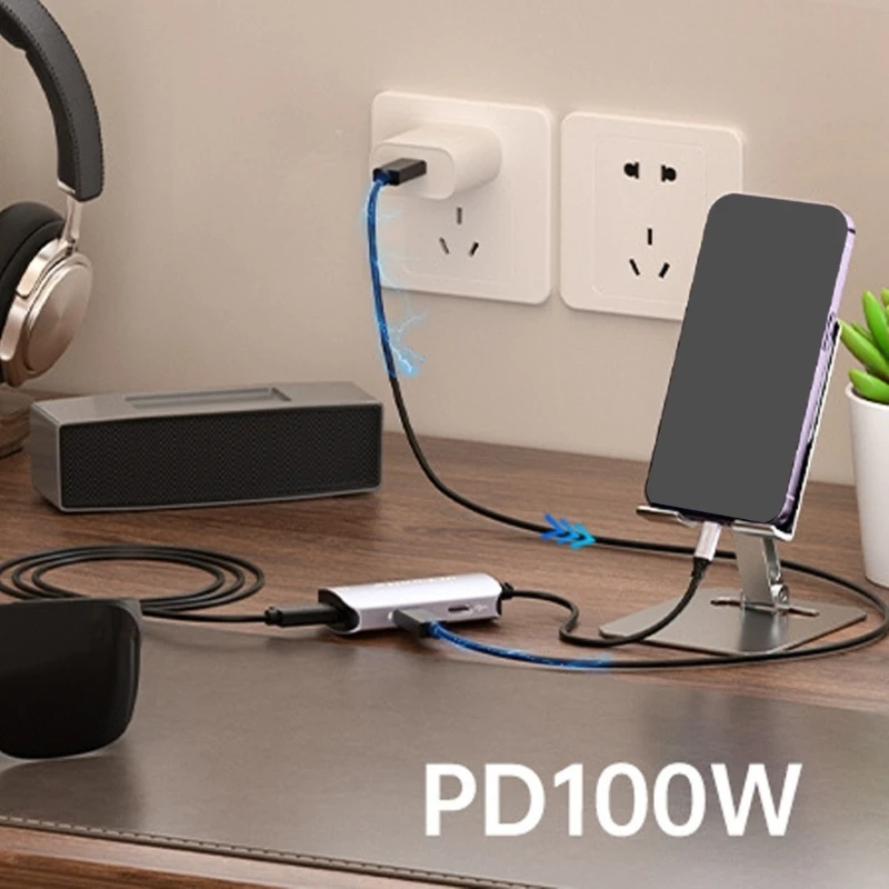 3 Port Type C Display Dock for Glasses Viewing, USB Video and Charging Splitter with Data Transfer Port and Metal Shell F19E