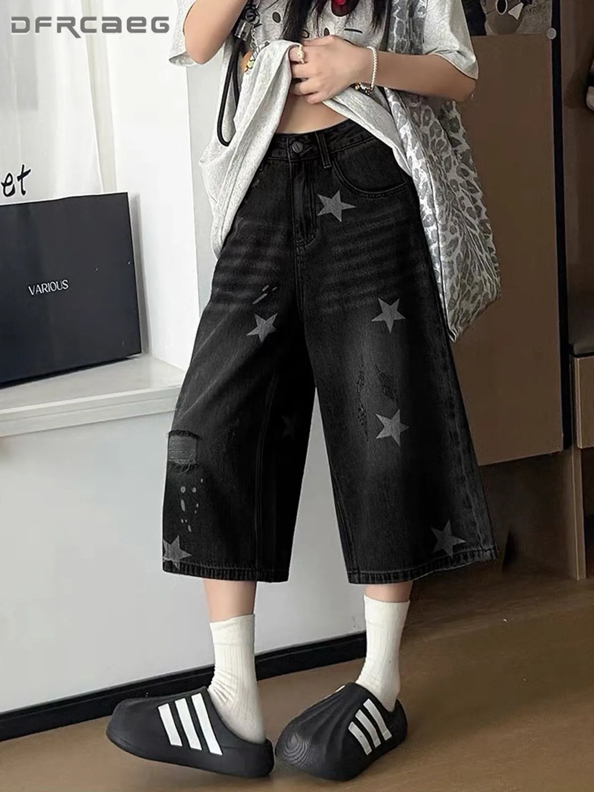 American Vintage Star Print Black Denim Capri Pants Summer High Waist Wide Leg Straight Loose Casual Cropped Jean For Woman