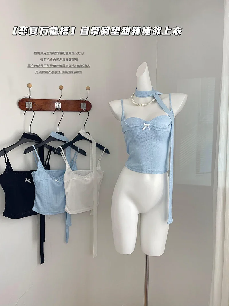 

Women's Blue Crop Top 90s Aesthetic Fashion Black Vest Off Shoulder Sleeveless Y2k Vintage Tank Tops 2000s Clothes Summer 2024