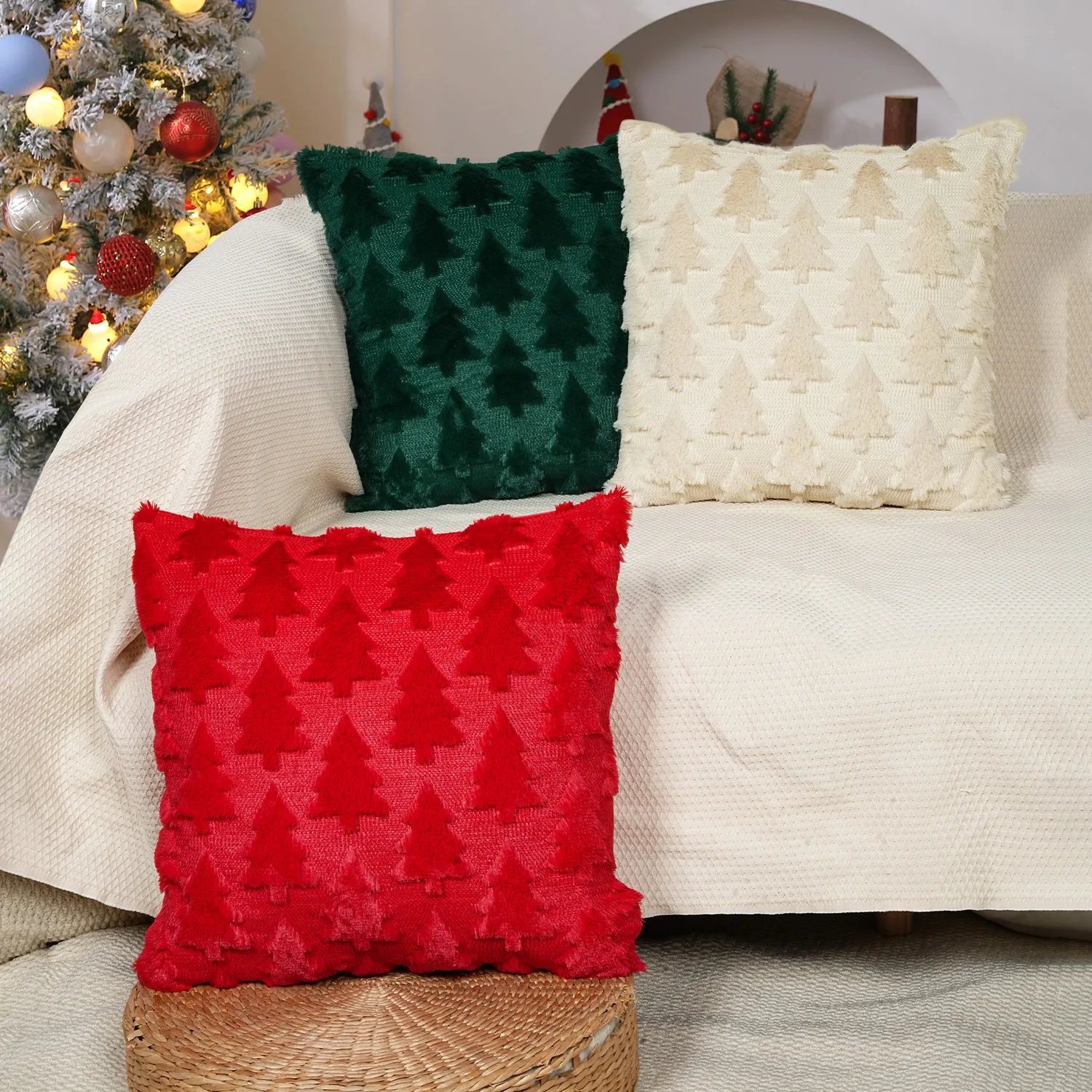 Dark Green Throw Pillow Covers Christmas Tree Decorative Pillow Covers 18x18 Inch Soft Plush Faux Wool Pillow Covers