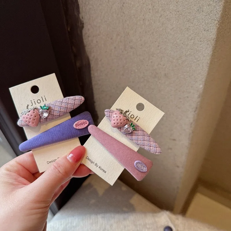 

Korean Style Sweet Cute Strawberry Rhinestone Hair Clips Vintage Plaid Geometric Barrettes Fashion Bang Clips