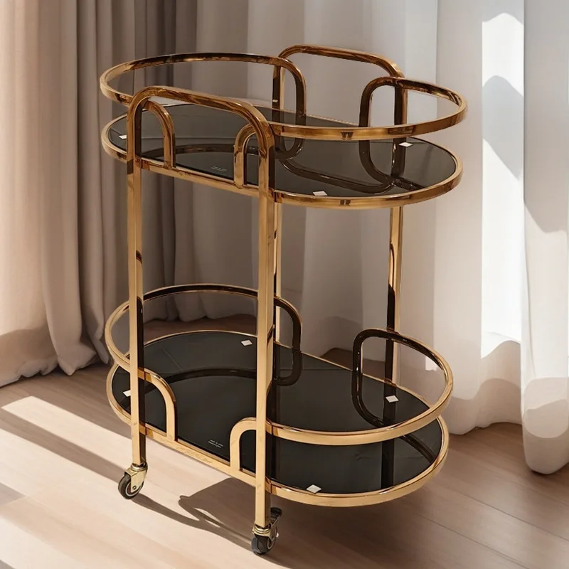 

Hotel Clubhouse Beverage Cart Round Dining Cart Tempered Glass Stainless Steel Double Shelf Dining Small Cart Commercial