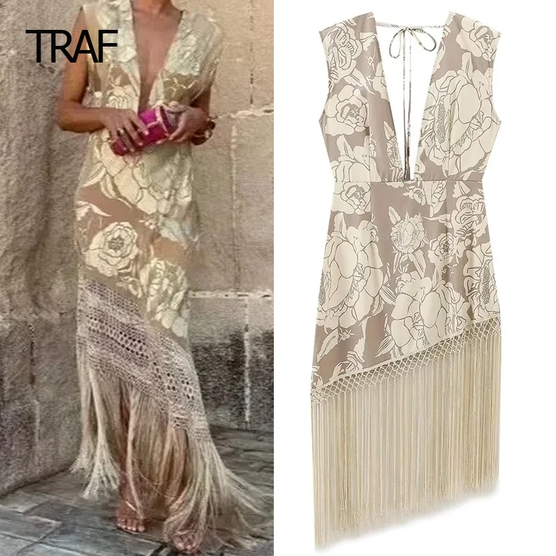 TRAF Fringing Print Dress Women Dresses Spring Summer 2024 V-Neck Sleeveless Backless Dresses New In Dresses Elegant Prom Dress