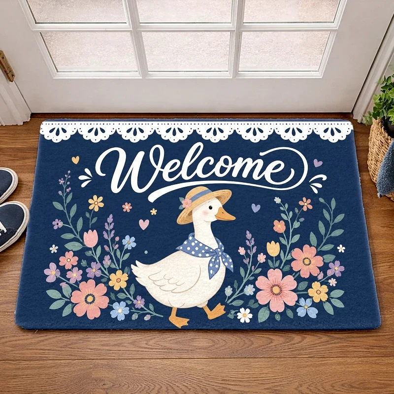 Flannel Floor Mat, Cute Duck and Flower Pattern Floor Mat, Indoor Universal Floor Mat, Entrance Mat, Kitchen, Balcony, Corridor, Office, Bedside, Bathroom