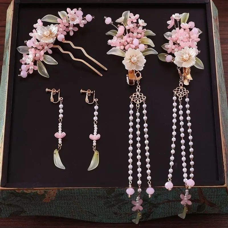 Antique Pink Glass Flowers With Beaded Tassel Hairpin Earrings Set Chinese Hanfu Headwear