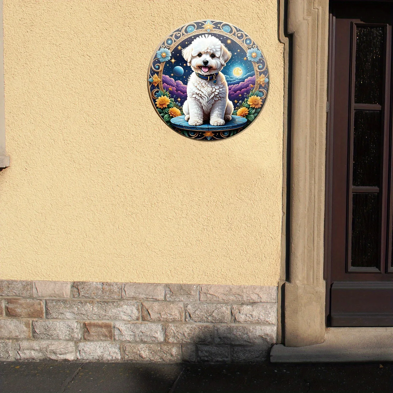 لافتة بيشون فريز مطلية مجعدة، لافتة دائرية لطيفة على شكل كلب، معلقة على الحائط، (20 * 20 سم) ديكور، ديكور المقهى، هدايا نسائية. المرآب #3