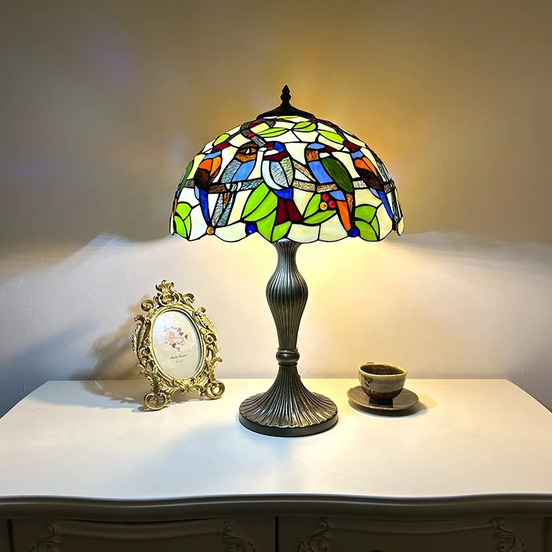 Tiffany Stained Glass Shade Double Bird Reading Table Lamp 16 Inch Mediterranean LED AC Powered E26 for Living Room