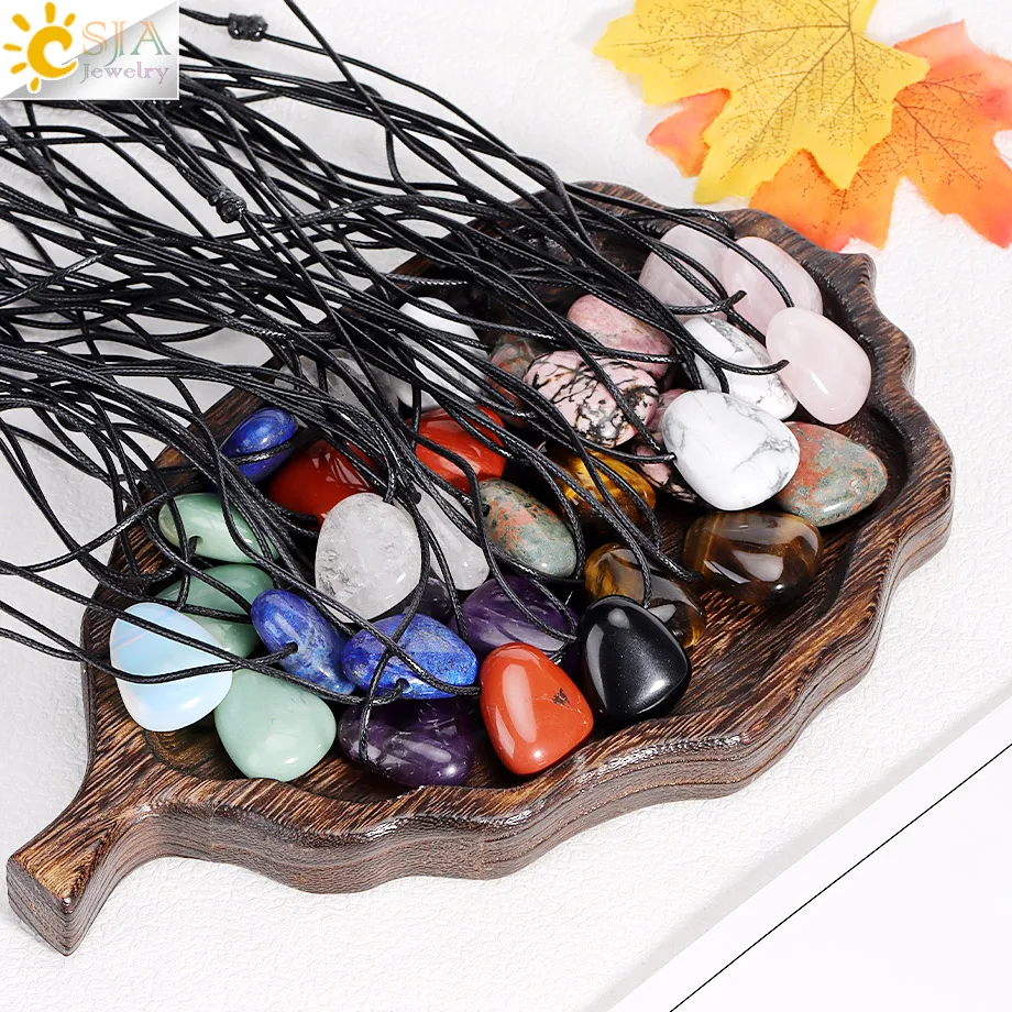 CSJA Natural Stone Nugget Pendant Necklace for Man Healing Crystal Amethysts Tiger eye Rhodonite Rose Quartz Charms Jewelry H551