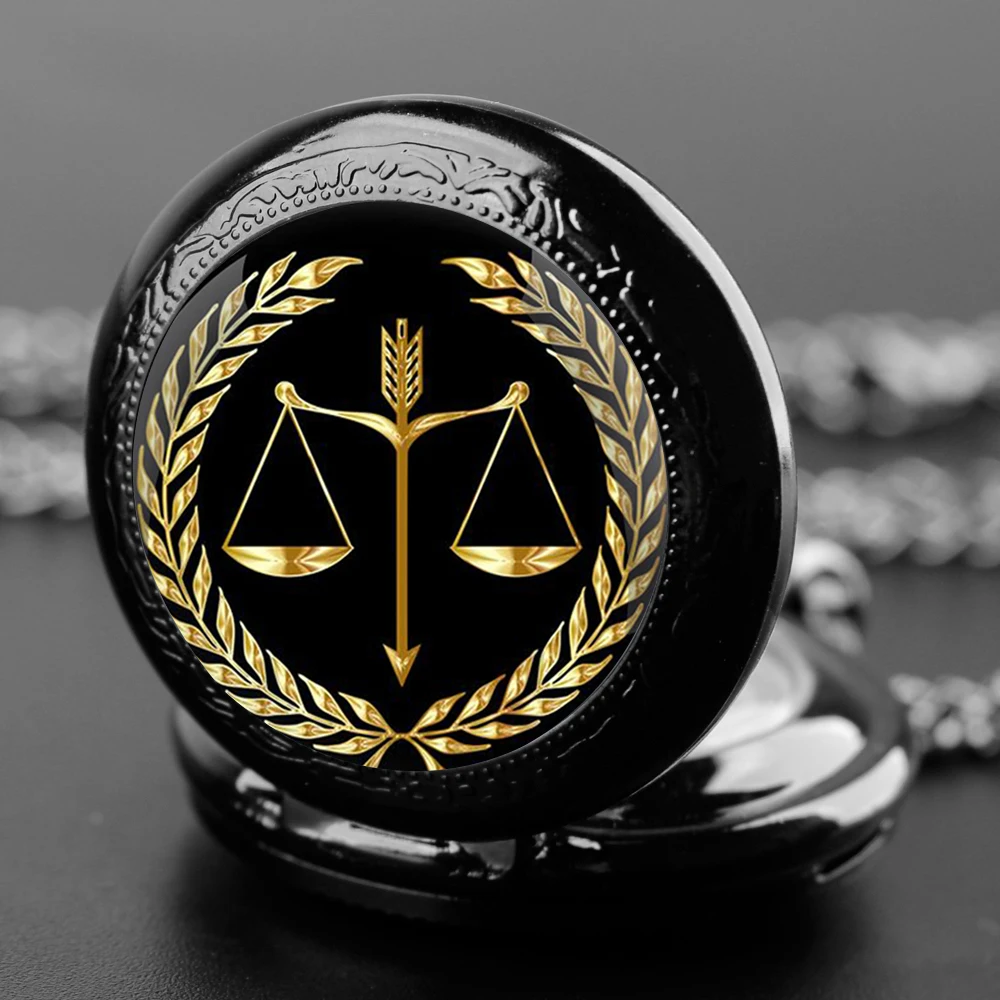 Stainless Stee Lawyer Justice Scale Judge Glass Dome Quartz Pocket Watch Necklace Women Jewelry Pendant Chain Children