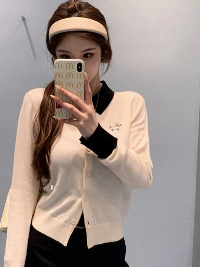 

Fashionable Loose Long Sleeve Knitwear Turn-down Collar Slimming Color Block Women's Shirt Commute Style Autumn New Arrival
