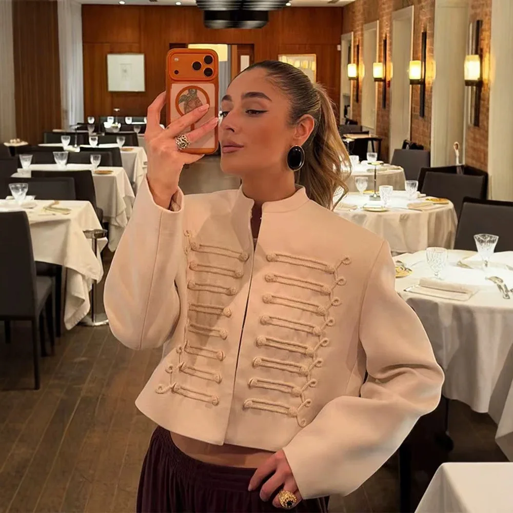 White Cropped Jacket Stand Collar Padded Shoulders Long Sleeve Double Row Button Women Vintage Elegant Short Outerwear 260702