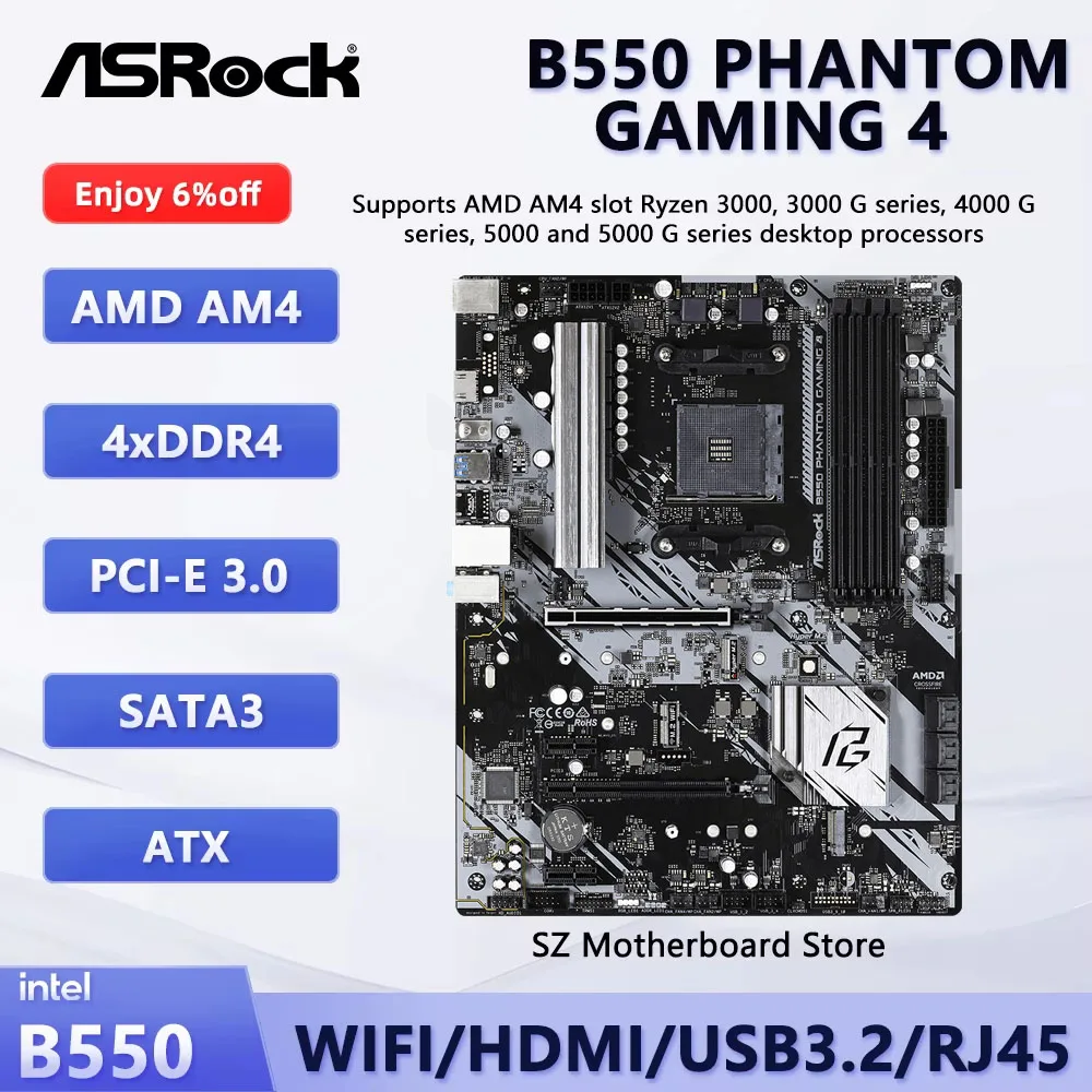 Placa-mãe ASROCK B550 PHANTOM GAMING 4 AMD B550 ATX para soquete AM4 AMD Ryzen 5600X 5800X 5900X 3600 DDR4 PCIe 4.0 M.2 PCI-E