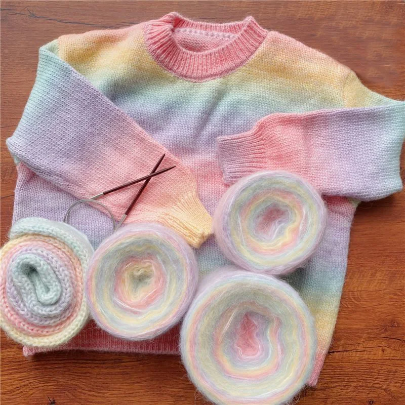 Gradient Rainbow Color Mohair Crochet Yarn Diy Handwoven Space Dyed Soft Baby Yarn Thread Wool Yarn Knitting Sweater Hats Scarf