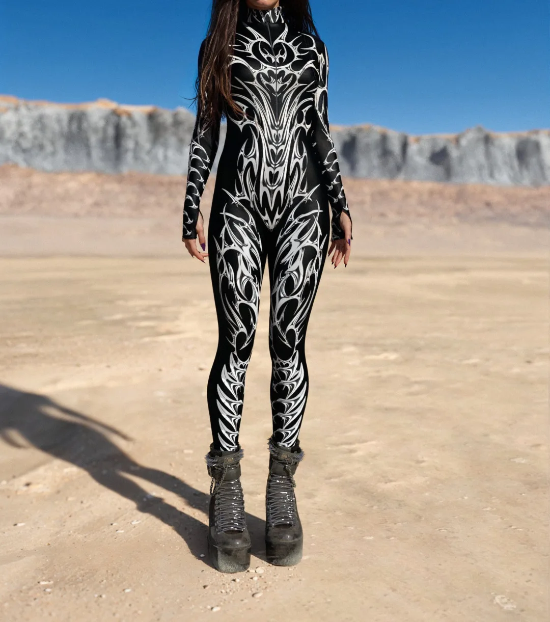 Bunt bedruckter Damen-Jumpsuit für Urlaub und Party, Punk-Zentai, Rave-Outfit, Yoga-Catsuit, Fahrrad- und Halloween-Anzug – Detail 5