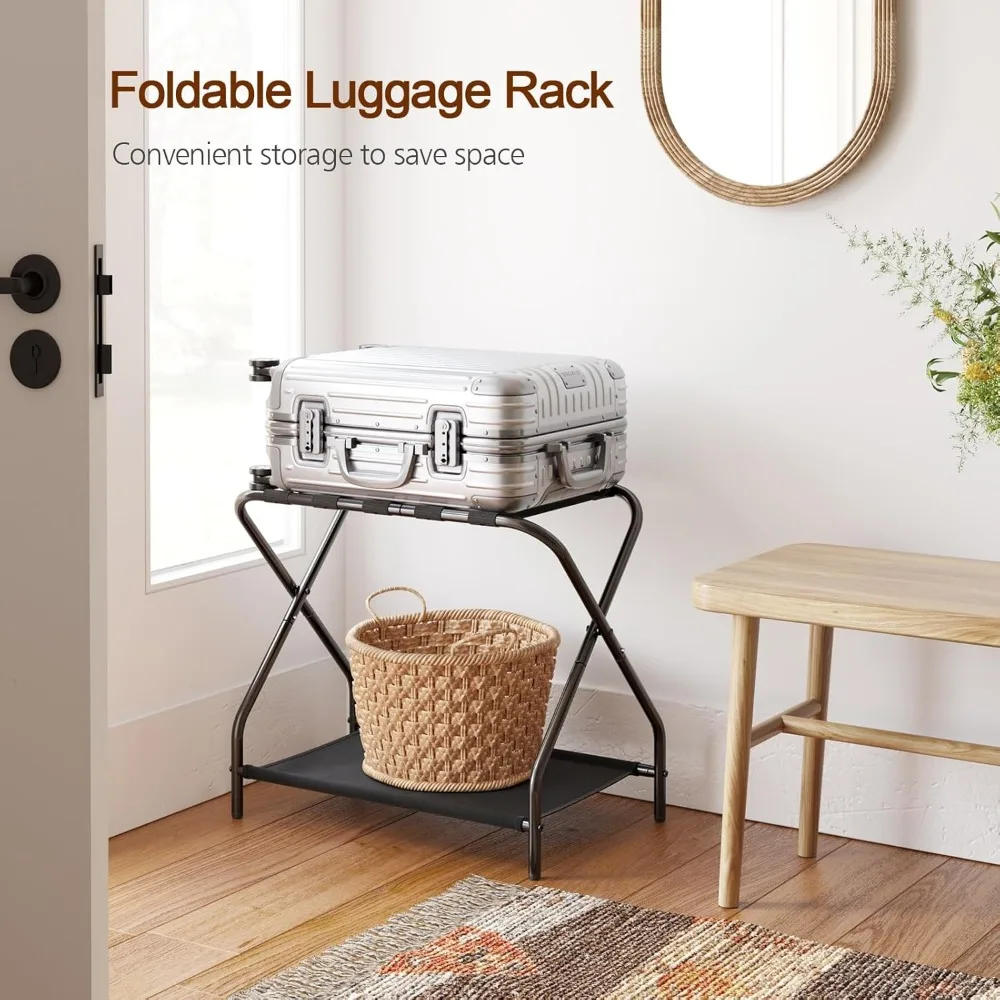 مجموعة رف أمتعة معدنية قابلة للطي مكونة من قطعتين مع رف تخزين لغرفة الضيوف، الفندق، سهلة التجميع، أسود #3