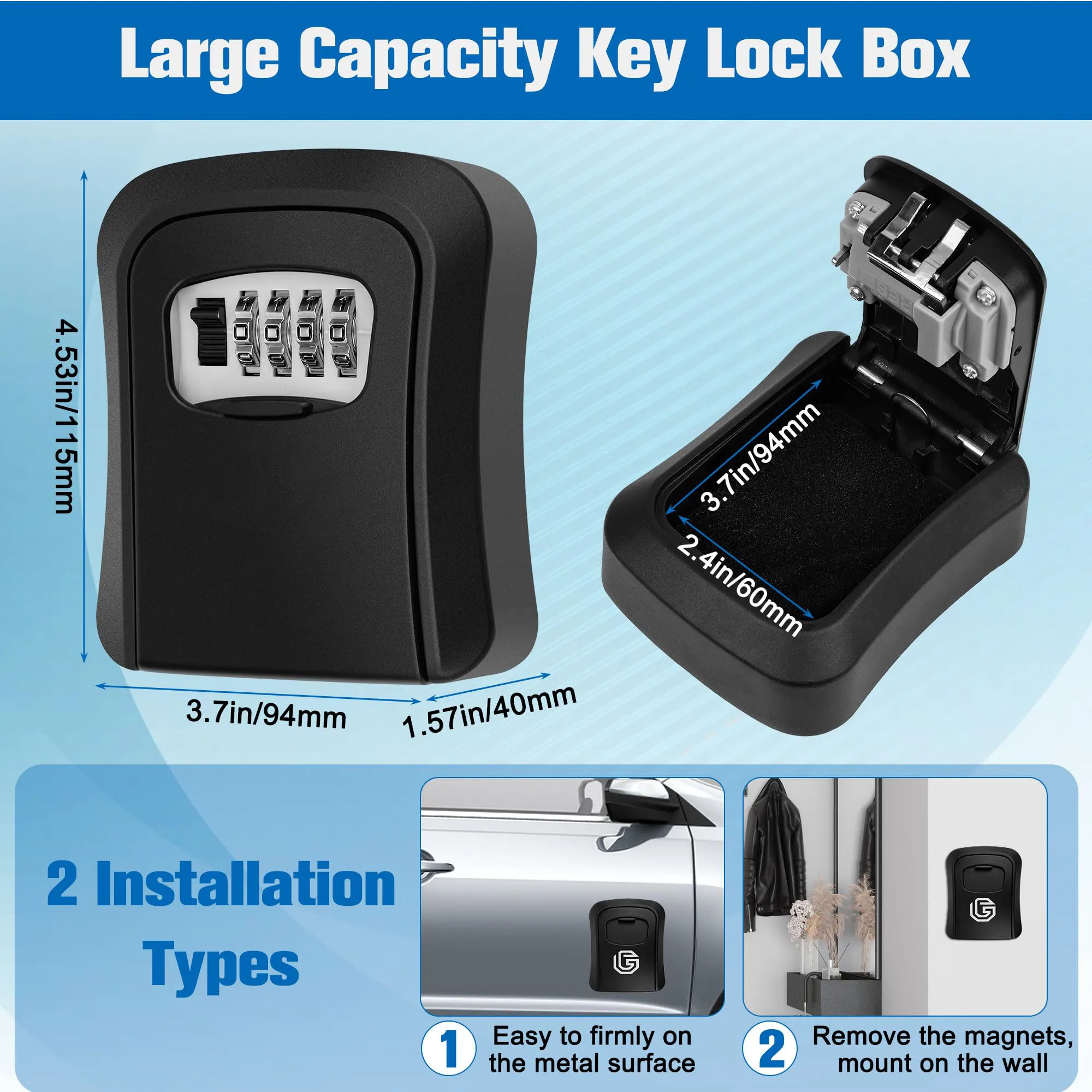 Magnetic Key Holder with Lock Plastic Magnet Car Key Lock Box Hidden Under Car Secure 4-digit Combination with Resettable Code