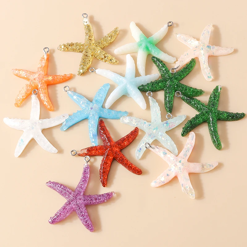 Leslie 10pcs Resin Lovely Glitter Colorful Starfish Charm for Earring Necklace Summer Beach Party Jewelry Making Accessories