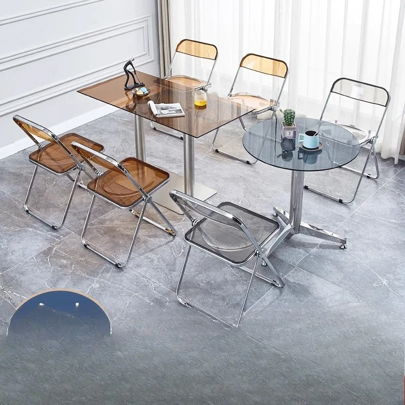Mesa de jantar acrílica, cadeiras de varanda elevatórias de aço inoxidável transparente, mesas externas industriais comerciais de vidro redondo e