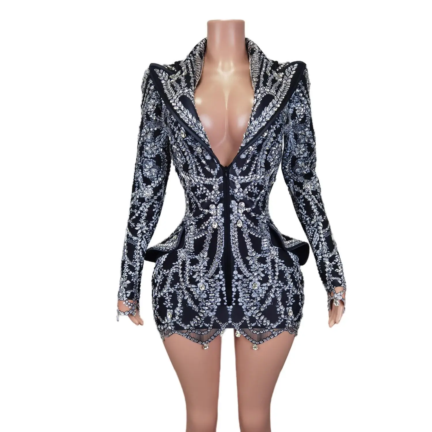 Zuanshixizhuang – veste de costume en cristal noir, Sexy, décolleté en V profond, Costumes de danse pour spectacle sur scène, manteaux Blazer de Club de fête pour femmes, 2024