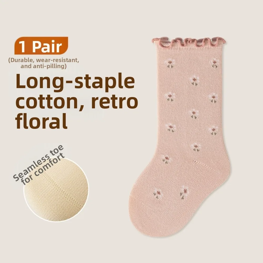 2 Pairs Soft Cotton Baby Fall Socks Ruffle Trim Small Flowers Pattern Princess Socks Breathable Girls Mid-calf Socks Daily Wear