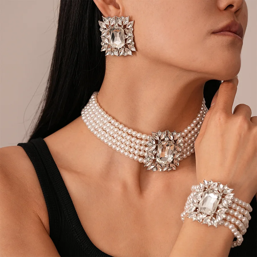 Baroque Square Rhinestone Pearl Bridal Jewelry Neck Chain Set Giant Rectangle Crystal Choker Earring Bracelet Set For Wedding