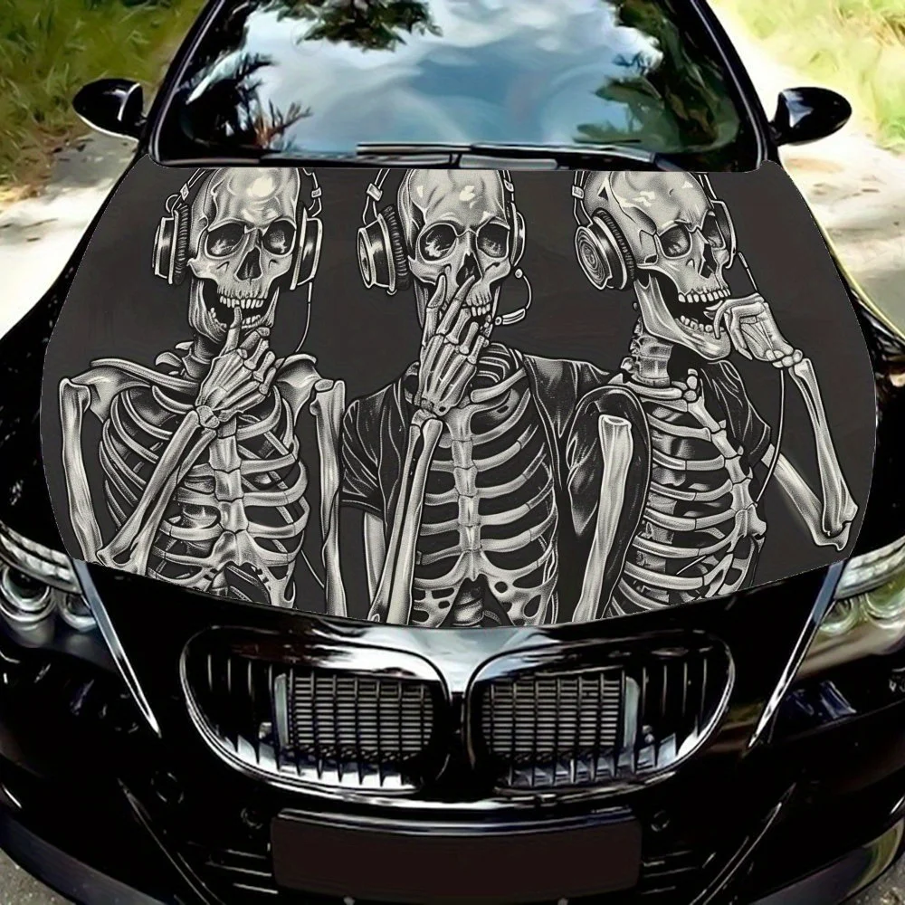 Trendy Skull Headphone Graphic Car Engine Hood Sticker, Waterproof Self-adhesive Vehicle Vinyl Wraps Decal, Personalized Auto Ex