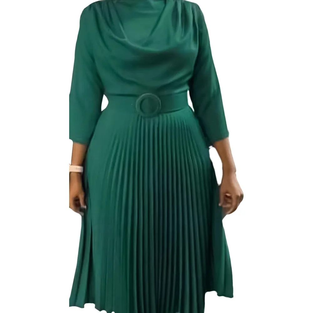 JENYAGE Damen Einfarbiges, schlichtes, fließendes Midikleid mit Wasserfallausschnitt, 3/4-Ärmeln und plissiertem Rock, mit Gürtel mit Schnalle, elegantes, formelles Partykleid – Detail 8