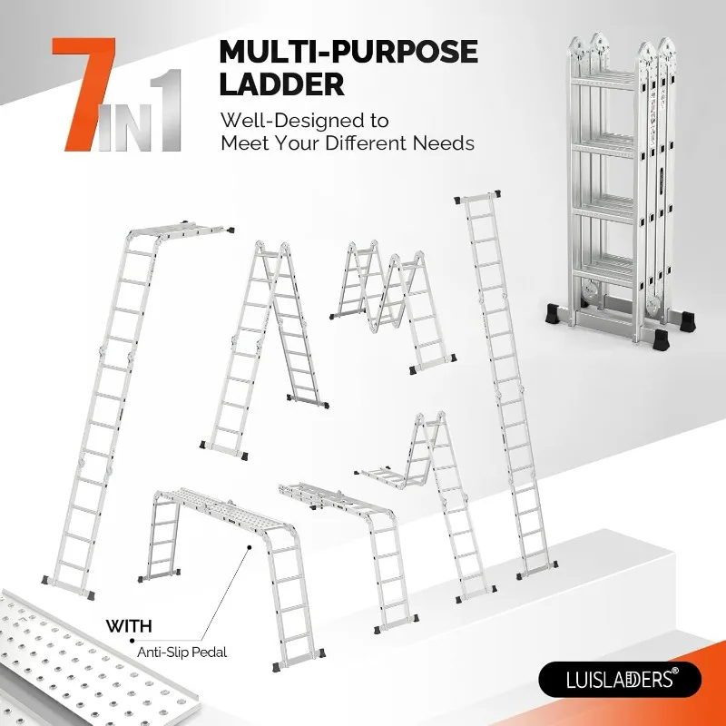 Escada dobrável de 15,5 pés, extensão de alumínio multiuso, 7 em 1, combinação resistente, padrão EN 131