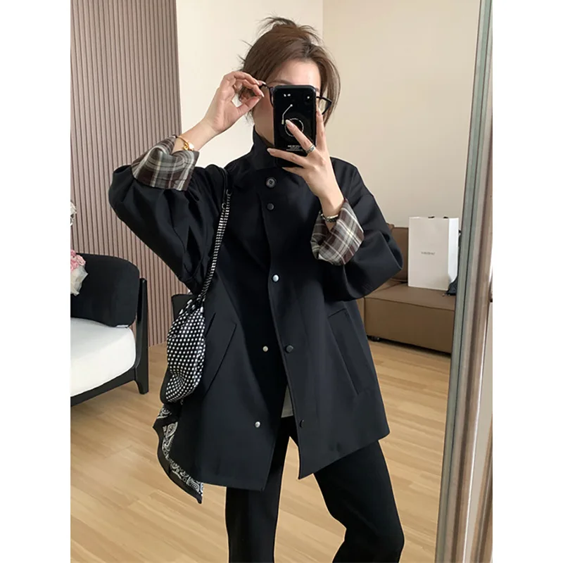 SuperAen Trench a maniche lunghe con giunture scozzesi a colori a contrasto Allentato dimagrante stile Inghilterra Donna Autunno Nuovi cappotti oversize